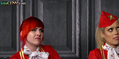 CFNM stewardesses suck and jerk guys cock in group BJ