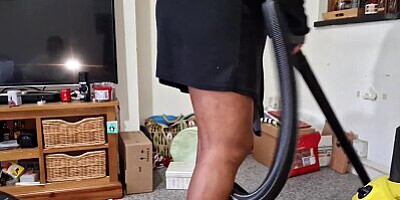 My Step Sis Vacuum Cleaning while I Watch - UPSKIRT No PANTIES No BRA