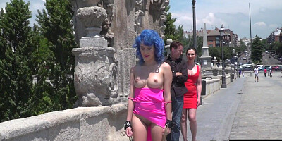 Public deepthroating slut 3way fucked in front of voyeurs