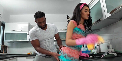Petite maid babe gets her dose of BBC after cleaning