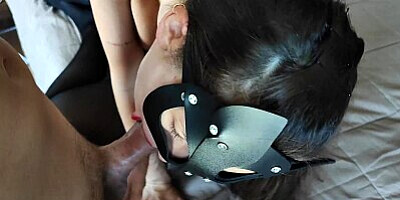 Mistress bought a new sexy costume. Juicy blowjob with red lipstick