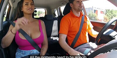 Fake Driving School - CHLOE LAMOUR makes her big boobs bounce in a hot car sex video