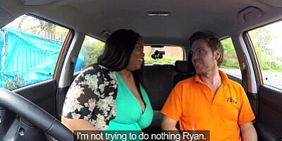 Fake Driving School - Ebony BBW takes off her BIG PANTIES and has sex in a car