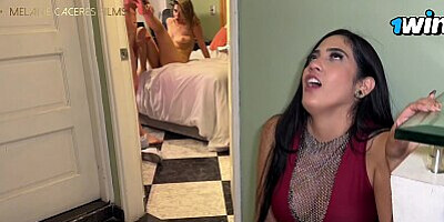 Slutty and horny wife masturbates while her husband fucks another woman - Melanie Caceres