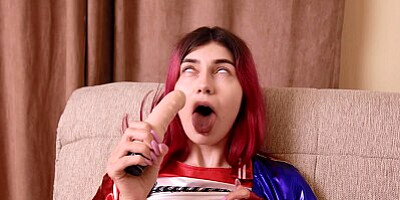 Dirty redhead hot slut Toffina rubs pussy with a sex toy.