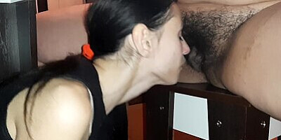 My girl in a black dress came from a party, crawled under the table and started licking my pussy