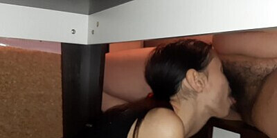 My girl in a black dress came from a party, crawled under the table and started licking my pussy