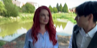 VIP4K. Sexy redhead Miss Olivia showed her red lingerie and fucked in public in front of her BF