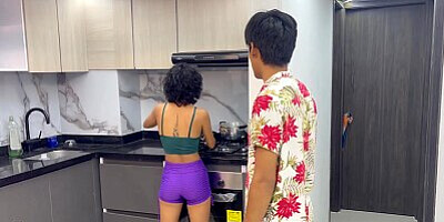 My shy stepsister surprises me masturbating in the kitchen while she prepares breakfast.