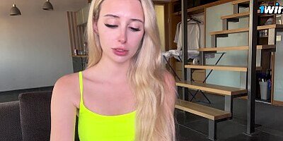 Horny cute blonde sucks dildo, fucks herself and gets real shaking orgasm! Roleplay
