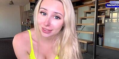 Horny cute blonde sucks dildo, fucks herself and gets real shaking orgasm! Roleplay