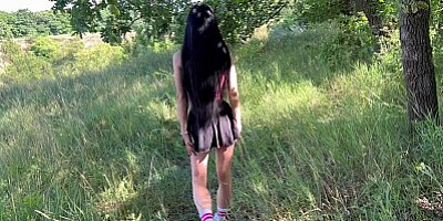Public Deepthroath Brunette and Rough Anal in the Wood. Anal Creampie