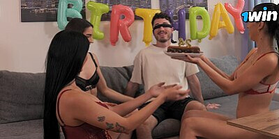 My girlfriend gives me the gift of a birthday fuck with her and her friends - 3 on 1