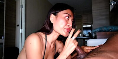 Big Tits Tattoos Thai Asian Model Creampie from Big Black Clock in Front of Boyfriend