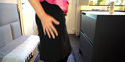 hot office slut in pencil skirt, silk top and high heels gets fresh bosses cum in her pantyhose