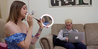 CUCK4K. Hot and shy slut is cheating on her husband right in front of him