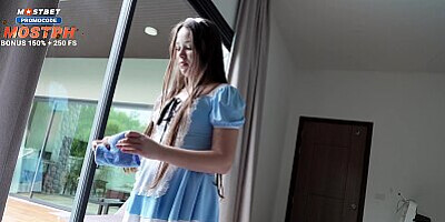 Young maid notices my morning boner and helps me cum for money