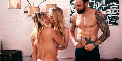 Blonde babes share a big dick in a hot threesome ending with cum in mouth