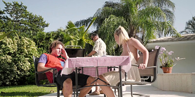 ...Stud fucks girlfriend Bailey Brooke and her stepmom Reagan Foxx...