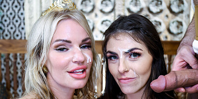 ...Rachael Cavalli and Thalia Rhea get fucked on leather couch...