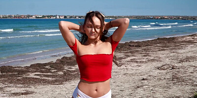 ...Busty teen Olivia Trunk smiles while playing with her tight pussy...