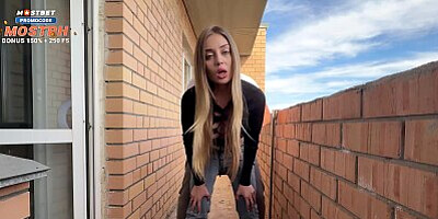 Step sister smokes on the balcony, takes off her jeans and lets her pussy get fucked