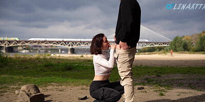 Public Sex Vlog: Deepthroat & unexpected pussy creampie
