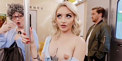 Slender blonde fucks with random dude in the subway