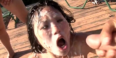 Asian bukkake babe drenched in cum