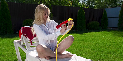 ...Lina Shisuta strips and masturbates passionately in the backyard...