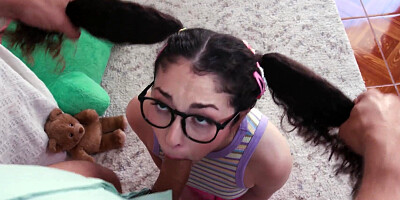 ...Curly-haired bimbo with glasses gets fucked through the hole in her fishnets...
