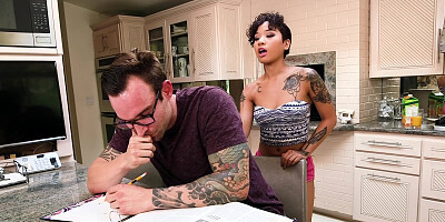 ...Tattooed babe Honey Gold and passionate sex in the kitchen...