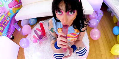 Filthy nympho gagging on dildo and fat dick