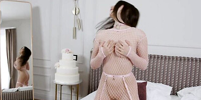 Brunette chick Lisa Belys is touching her hungry shaved pussy