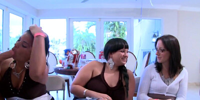 Pretty babes tugging strippers dick at an office party