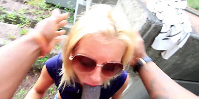 ...Blonde-haired bitch Brandy Wine sucks giant black cock with vigorous energy...