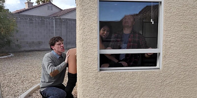 Delivery girl Ember Snow roughly fucked in a threeway session with lustful Jay Romero and Rion King