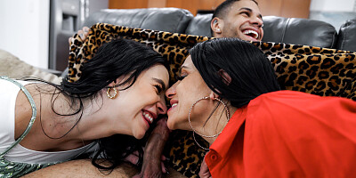 ...Delilah Dagger and Sandy Love get boned on leather couch...