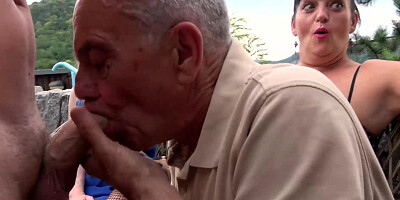 MILFs Yvette and Inna jerks off family friends cock outdoor