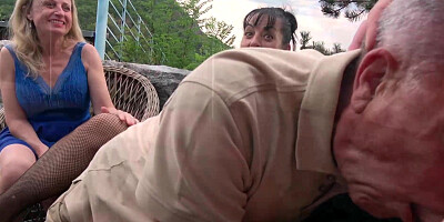 MILFs Yvette and Inna jerks off family friends cock outdoor