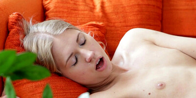 ...Beautiful blonde teen Violette Pink gets eaten out and screwed on the sofa...