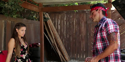 A bimbo is naked outdoors, sucking and riding a hard large dick