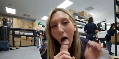 Dirty blonde fucking with co-worker in a warehouse