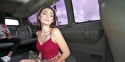 Sexy girl with natural tits Mae Milano fucking in a car