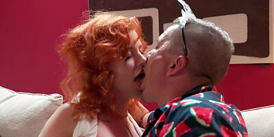 ...Inked redhead bimbo Mia Stone gets her narrow pussy eaten and fucked hard...