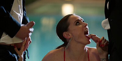 Wealthy brunette Tori Black pleasures two cocky studs at the same time