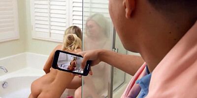 Boy fucks blonde MILF and stepsister with big tits