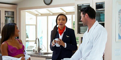 Flight attendant has a bisexual threesome with her gf