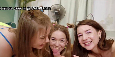 Three zealous teen girls are having a foursome