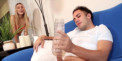 Sweet Sophia catches the dude playing with a sex toy